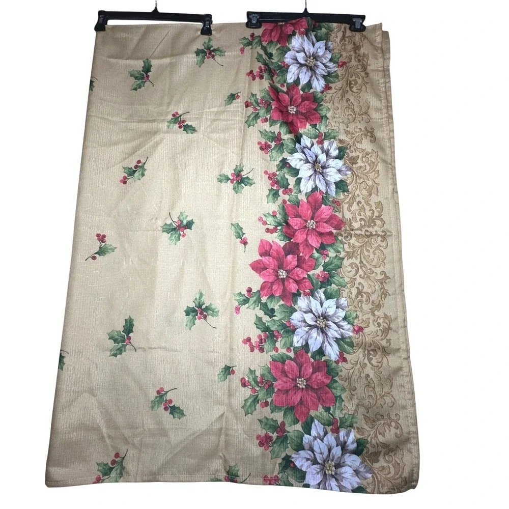 Christmas Poinsettia Floral Tablecloth Gold Red White 60x84 Holiday Rectangular